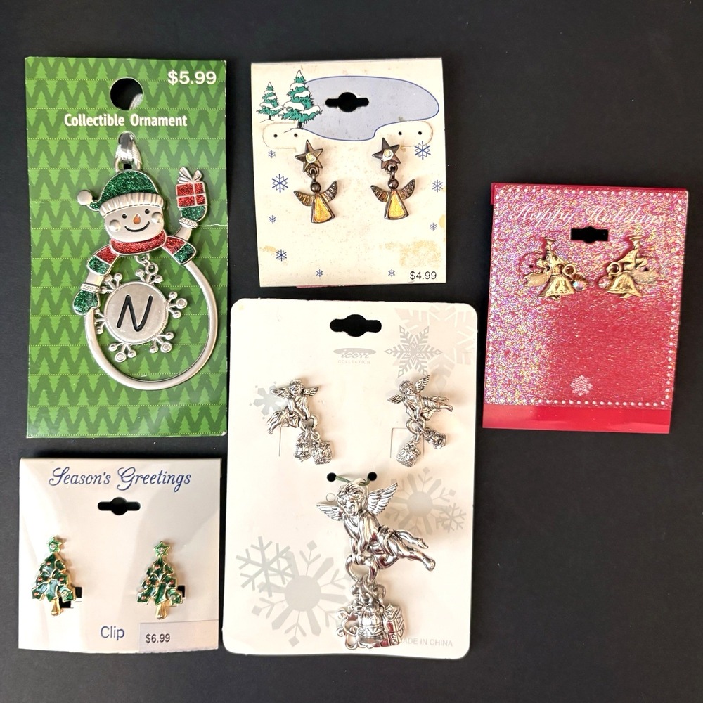 Christmas Jewelry Lot Earrings Brooch Ornament Holiday Enamel Rhinestone NEW